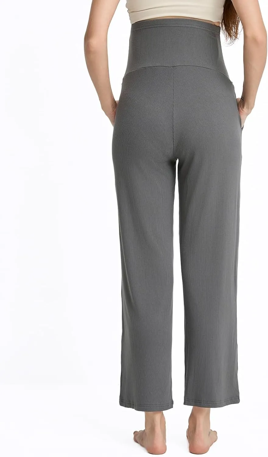 Liu & Qu Womens Maternity High Waisted Lounge Pants Casual Stretchy Ribbed Palazzo Pants Pregnancy Trousers with Pockets