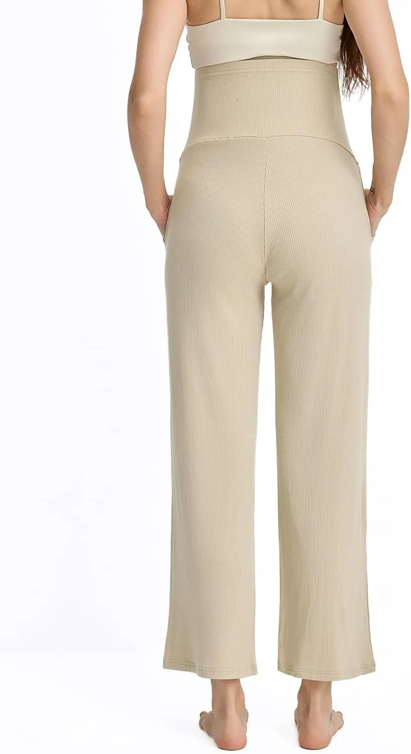 Liu & Qu Womens Maternity High Waisted Lounge Pants Casual Stretchy Ribbed Palazzo Pants Pregnancy Trousers with Pockets