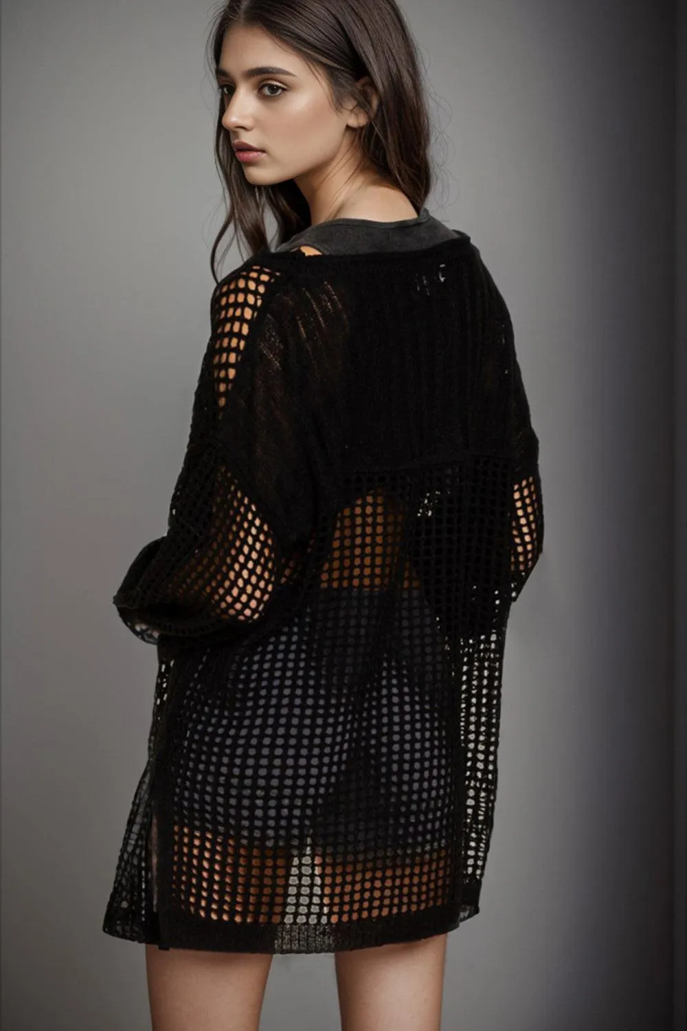 Long Sleeve Cutout Black Swimsuit Cover Up