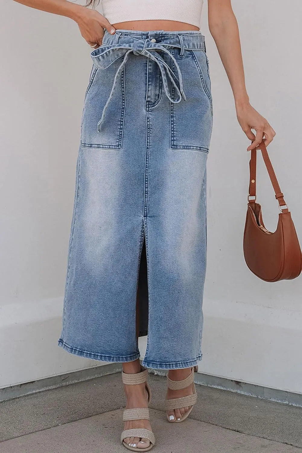 loveimgs Women Vintage Belt A Line Jean Midi Skirt Y2k High Waisted Distressed Cargo Mid Long Denim Skirt Pockets Summer