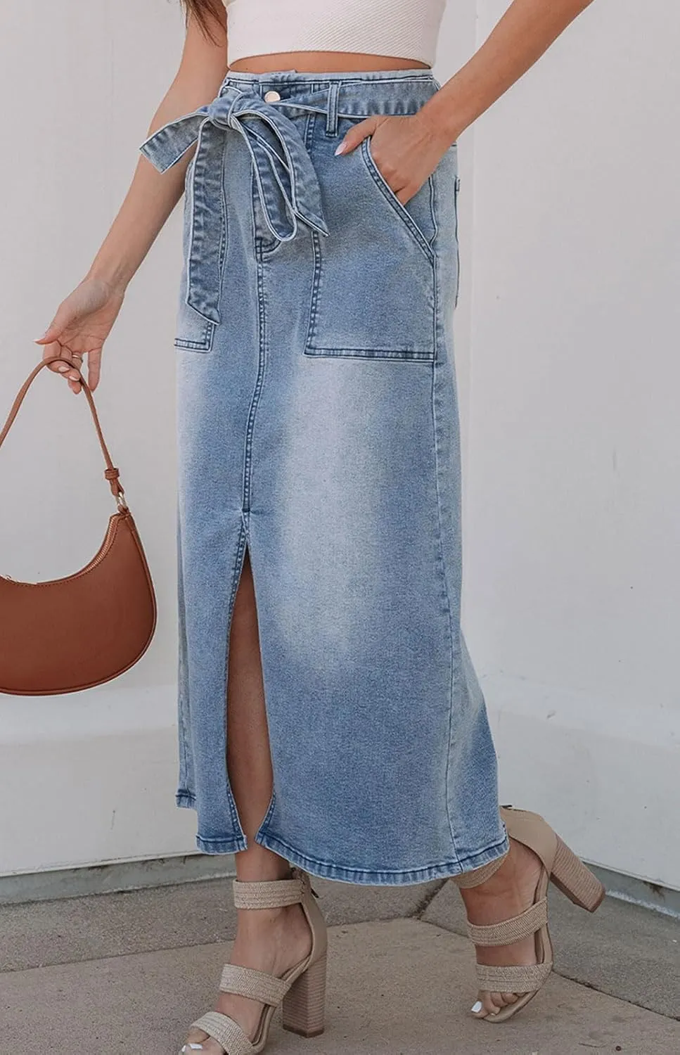 loveimgs Women Vintage Belt A Line Jean Midi Skirt Y2k High Waisted Distressed Cargo Mid Long Denim Skirt Pockets Summer