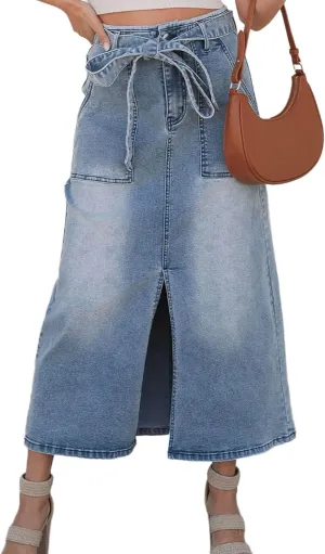 loveimgs Women Vintage Belt A Line Jean Midi Skirt Y2k High Waisted Distressed Cargo Mid Long Denim Skirt Pockets Summer