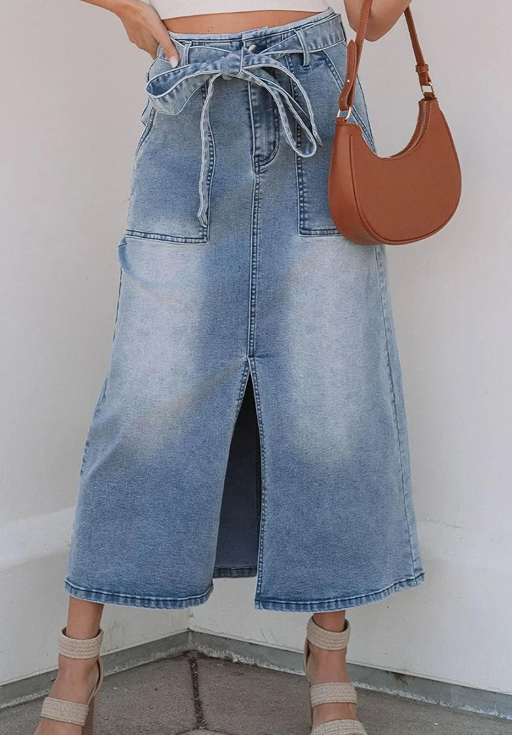 loveimgs Women Vintage Belt A Line Jean Midi Skirt Y2k High Waisted Distressed Cargo Mid Long Denim Skirt Pockets Summer