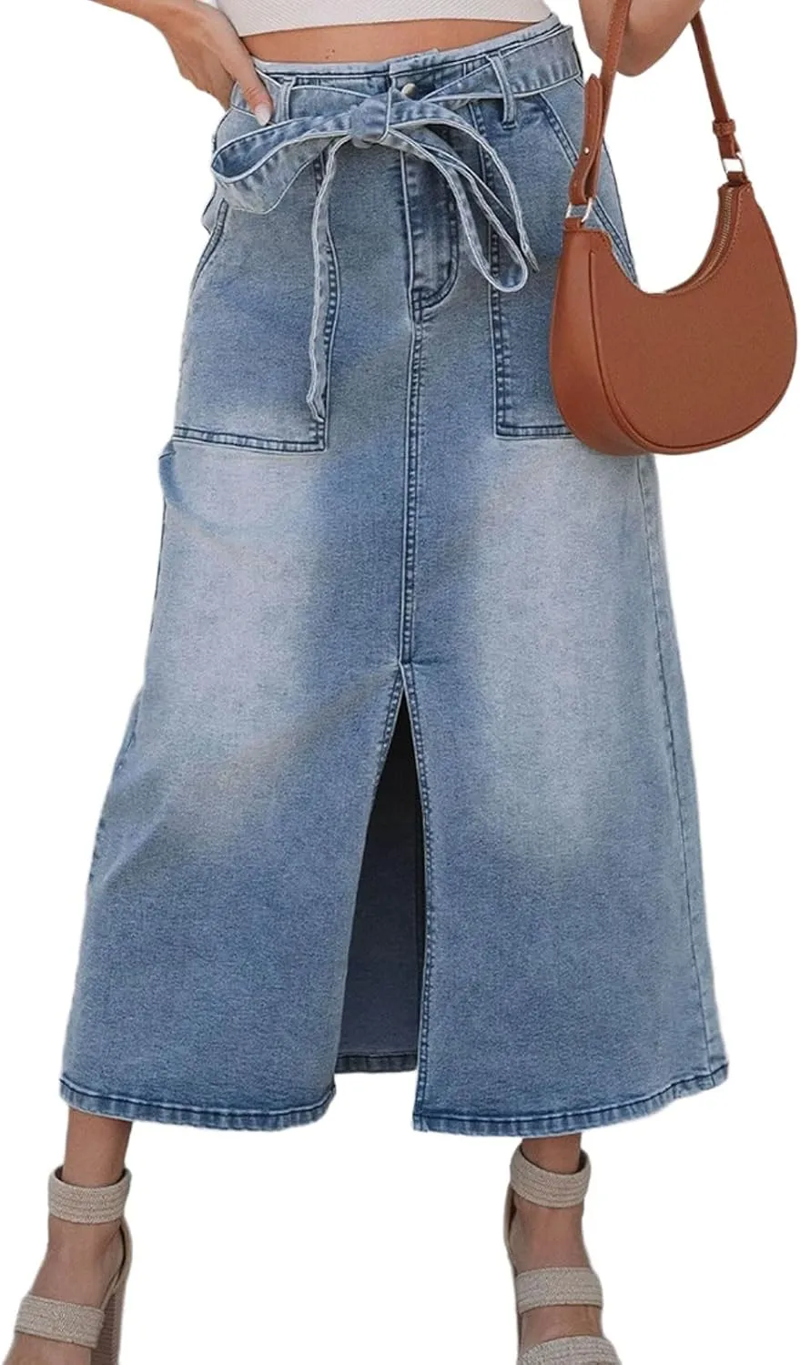 loveimgs Women Vintage Belt A Line Jean Midi Skirt Y2k High Waisted Distressed Cargo Mid Long Denim Skirt Pockets Summer