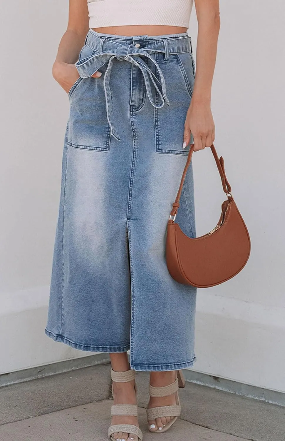 loveimgs Women Vintage Belt A Line Jean Midi Skirt Y2k High Waisted Distressed Cargo Mid Long Denim Skirt Pockets Summer