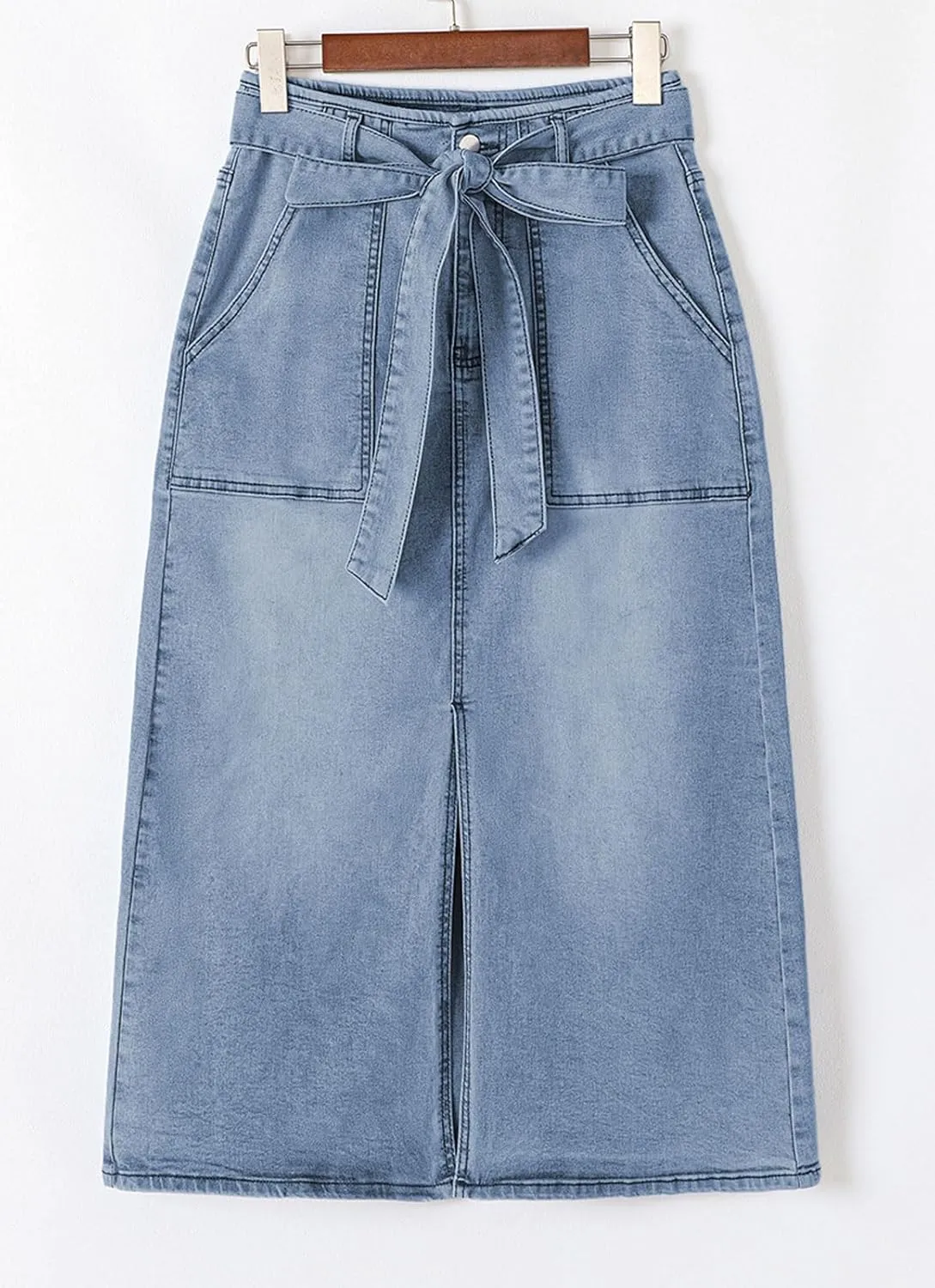 loveimgs Women Vintage Belt A Line Jean Midi Skirt Y2k High Waisted Distressed Cargo Mid Long Denim Skirt Pockets Summer