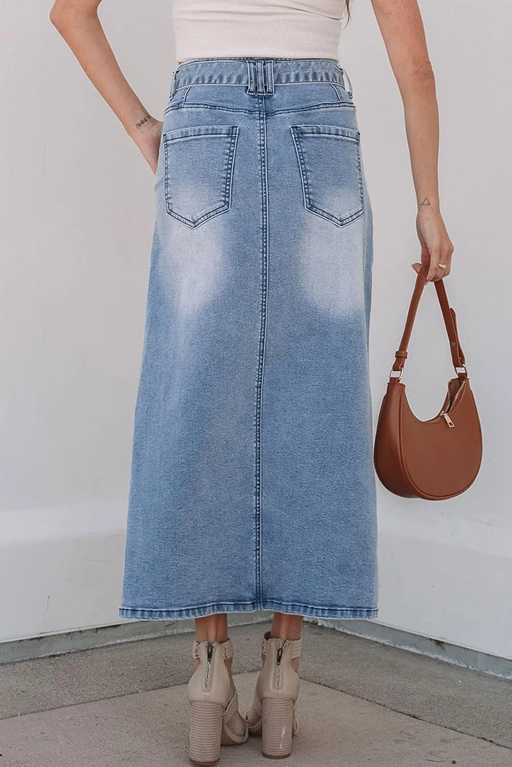 loveimgs Women Vintage Belt A Line Jean Midi Skirt Y2k High Waisted Distressed Cargo Mid Long Denim Skirt Pockets Summer