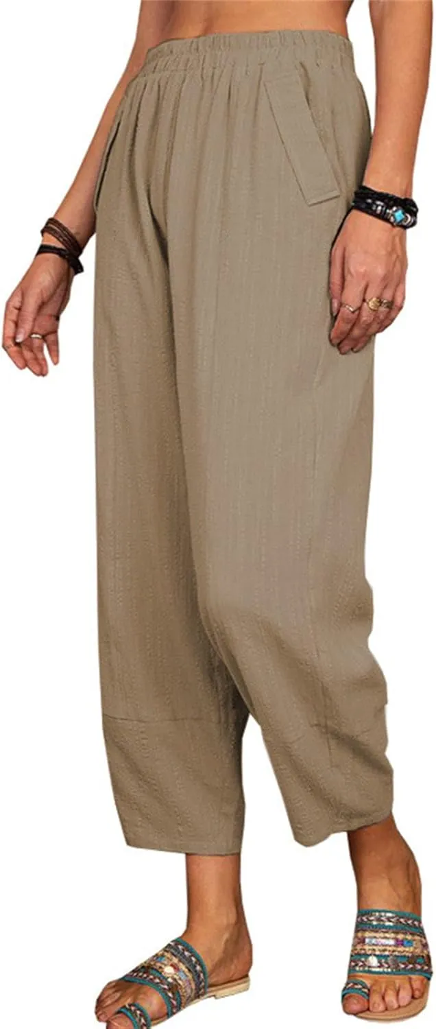 Maiyifu-GJ Women Cotton Linen Capri Yoga Pants Casual Drawstring Loose Beach Pant High Waist Wide Leg Trousers with Pockets