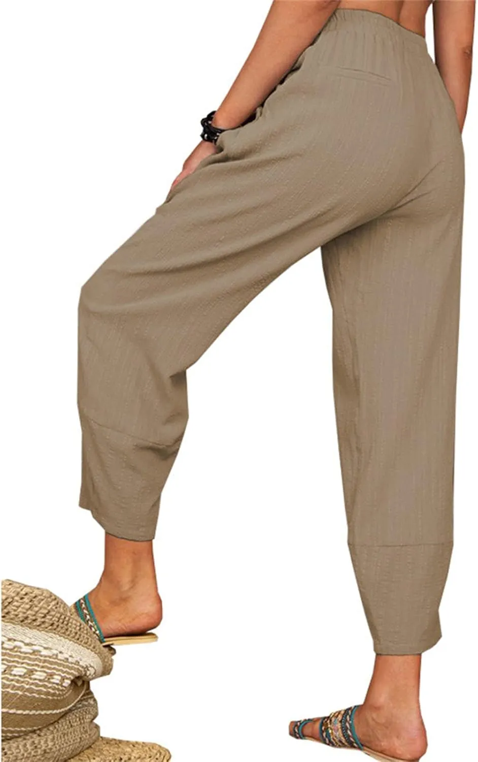 Maiyifu-GJ Women Cotton Linen Capri Yoga Pants Casual Drawstring Loose Beach Pant High Waist Wide Leg Trousers with Pockets