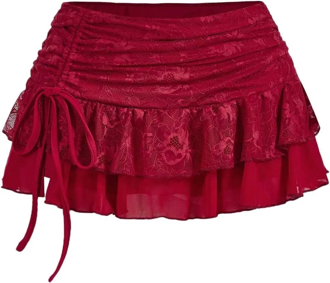 MARZXIN Mini Skirt for Women Waist Lace Mesh Dual-Layer Pleated Tie-Waist Slit Women Skirt
