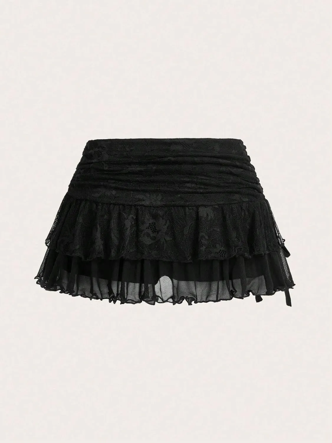 MARZXIN Mini Skirt for Women Waist Lace Mesh Dual-Layer Pleated Tie-Waist Slit Women Skirt