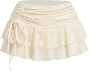 MARZXIN Mini Skirt for Women Waist Lace Mesh Dual-Layer Pleated Tie-Waist Slit Women Skirt