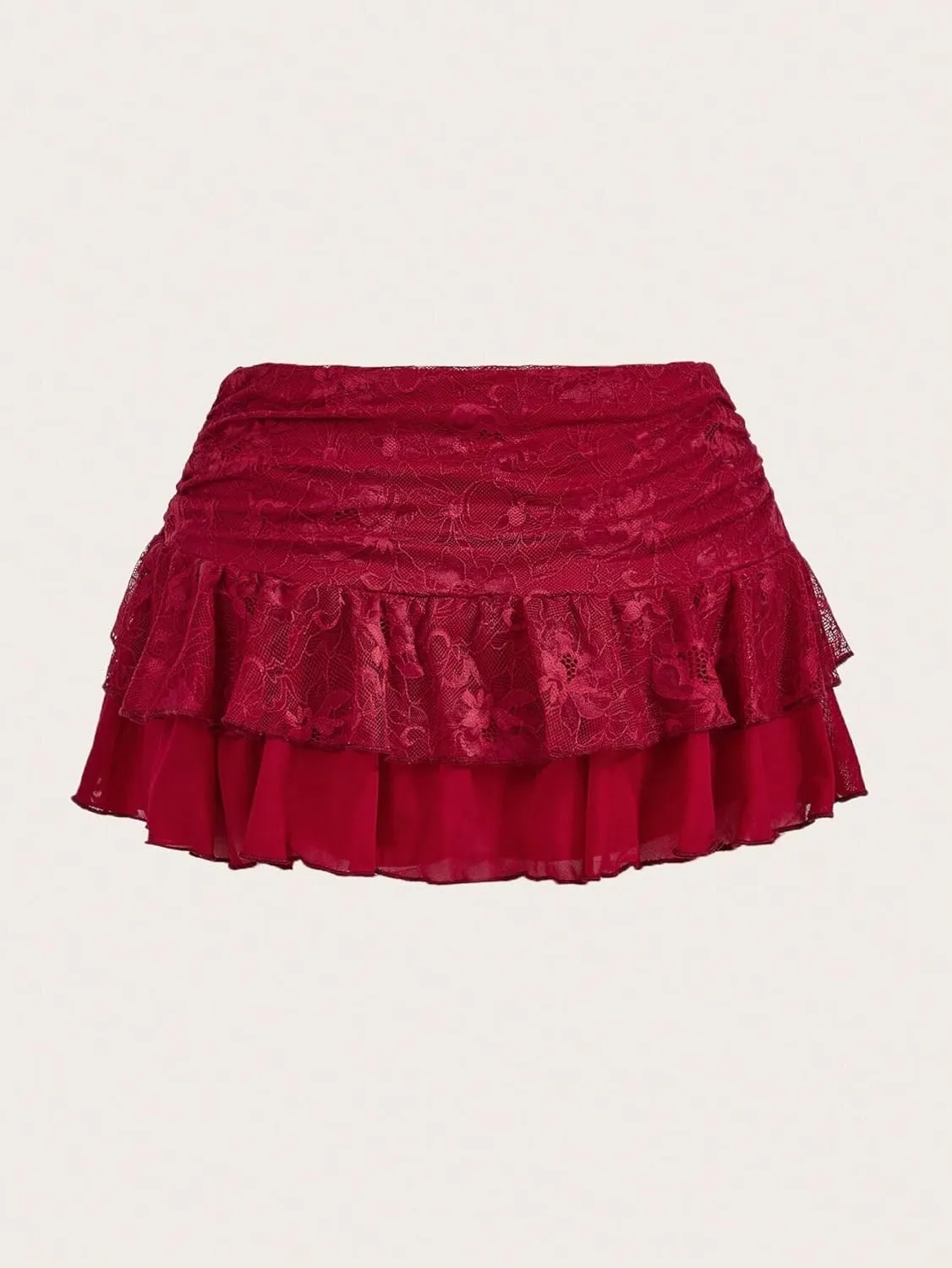 MARZXIN Mini Skirt for Women Waist Lace Mesh Dual-Layer Pleated Tie-Waist Slit Women Skirt