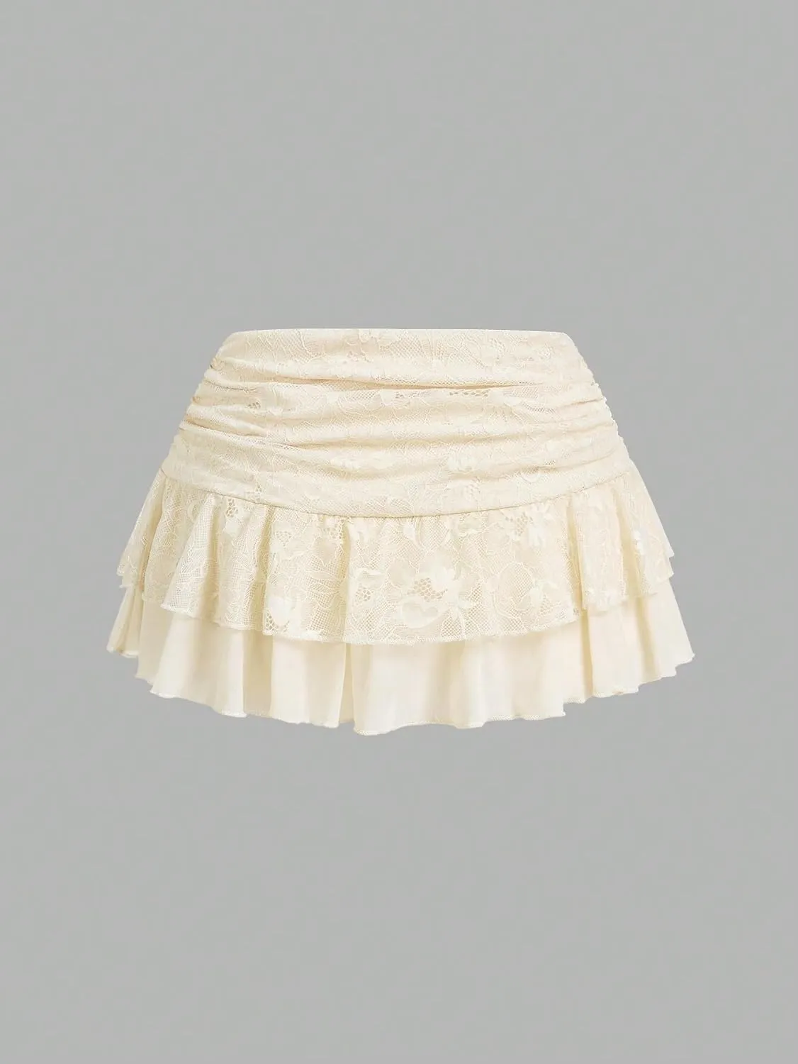 MARZXIN Mini Skirt for Women Waist Lace Mesh Dual-Layer Pleated Tie-Waist Slit Women Skirt