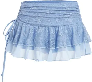 MARZXIN Mini Skirt for Women Waist Lace Mesh Dual-Layer Pleated Tie-Waist Slit Women Skirt