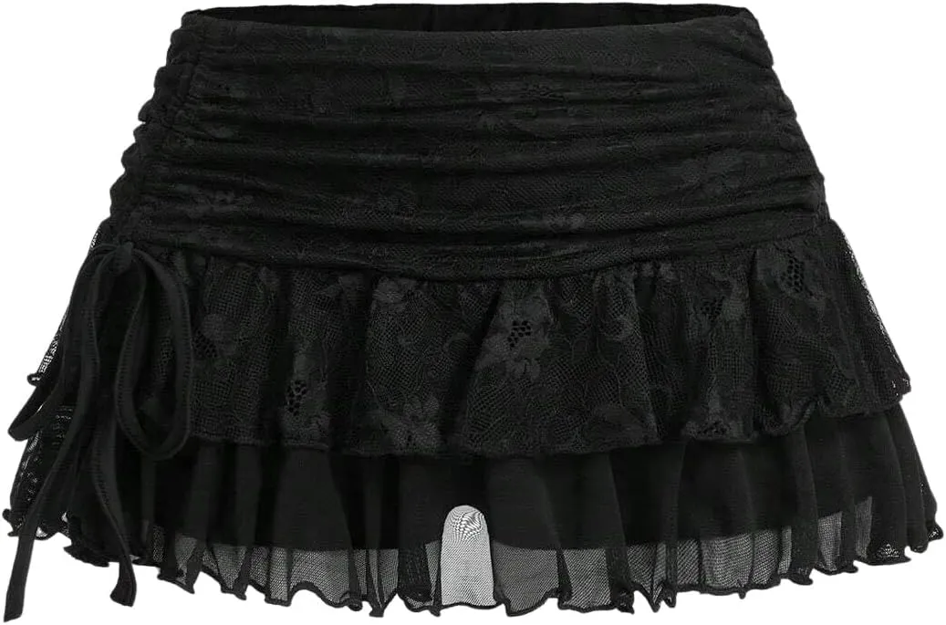 MARZXIN Mini Skirt for Women Waist Lace Mesh Dual-Layer Pleated Tie-Waist Slit Women Skirt