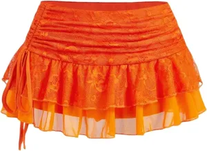 MARZXIN Mini Skirt for Women Waist Lace Mesh Dual-Layer Pleated Tie-Waist Slit Women Skirt