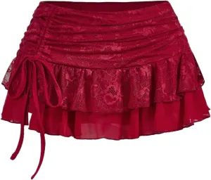 MARZXIN Mini Skirt for Women Waist Lace Mesh Dual-Layer Pleated Tie-Waist Slit Women Skirt