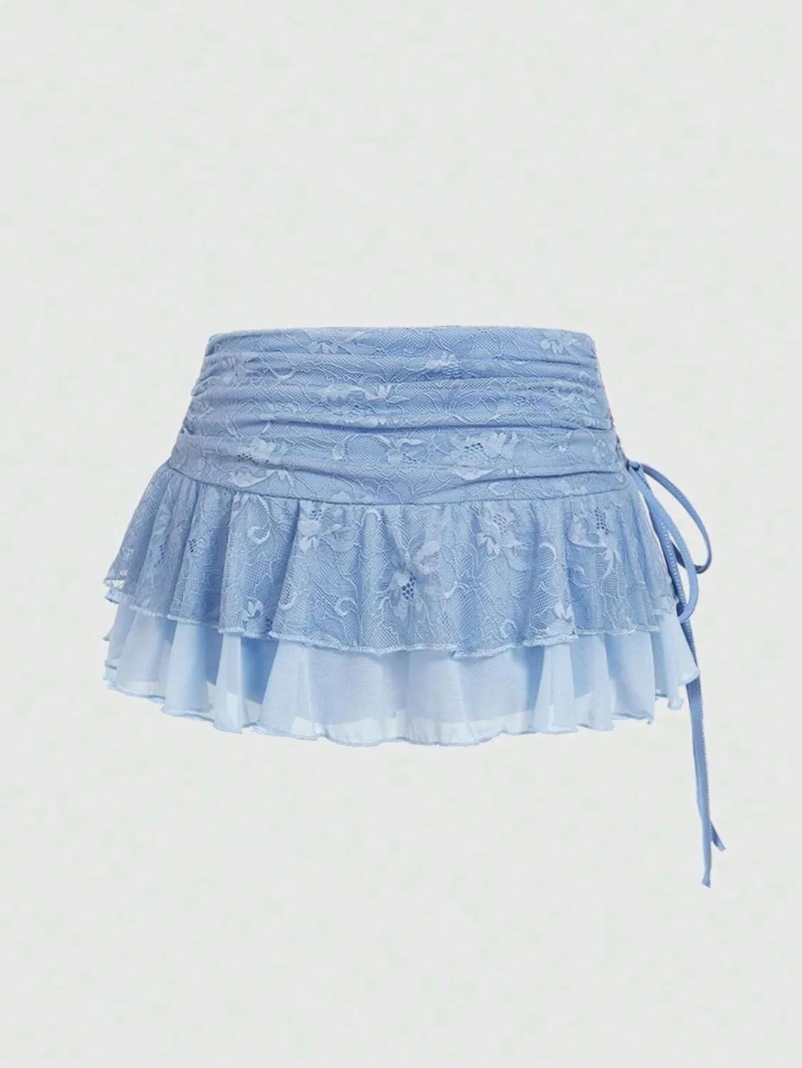 MARZXIN Mini Skirt for Women Waist Lace Mesh Dual-Layer Pleated Tie-Waist Slit Women Skirt