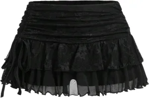 MARZXIN Mini Skirt for Women Waist Lace Mesh Dual-Layer Pleated Tie-Waist Slit Women Skirt