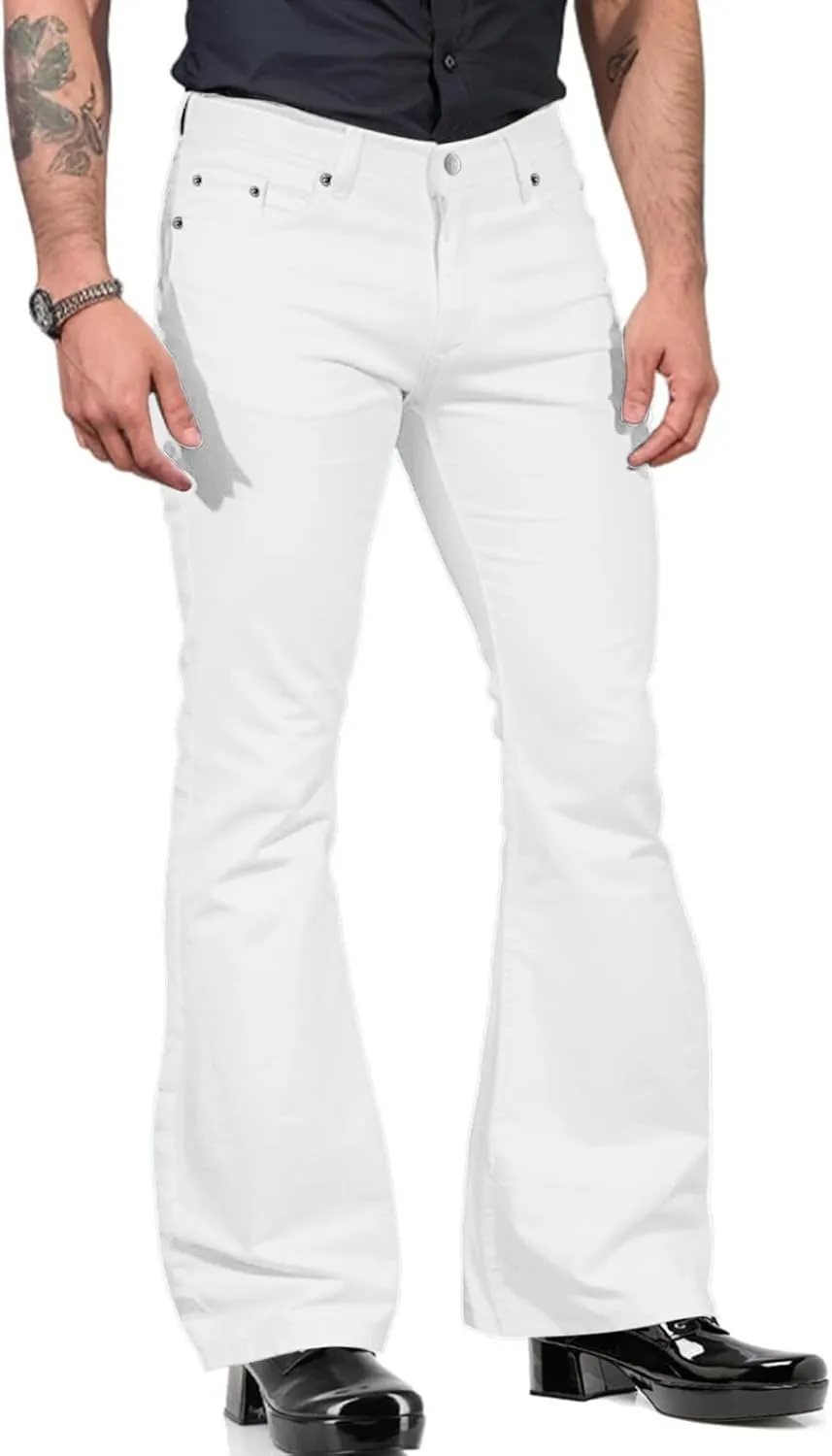 Men's Bell Bottom Pants Vintage 70s Disco Outfits Flared Pants Stretch Slim Fit Casual Denim Trousers with Pockets