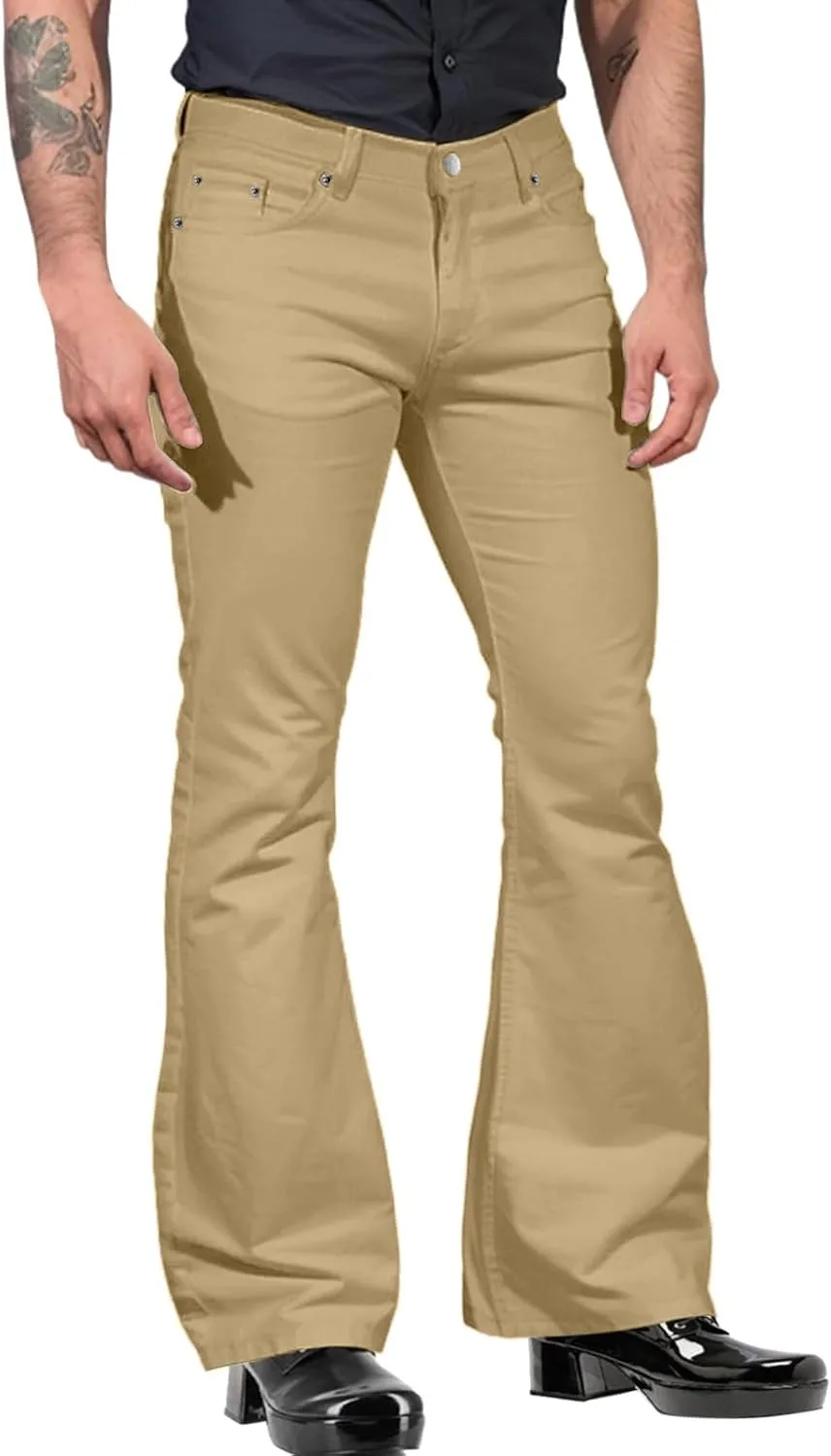 Men's Bell Bottom Pants Vintage 70s Disco Outfits Flared Pants Stretch Slim Fit Casual Denim Trousers with Pockets