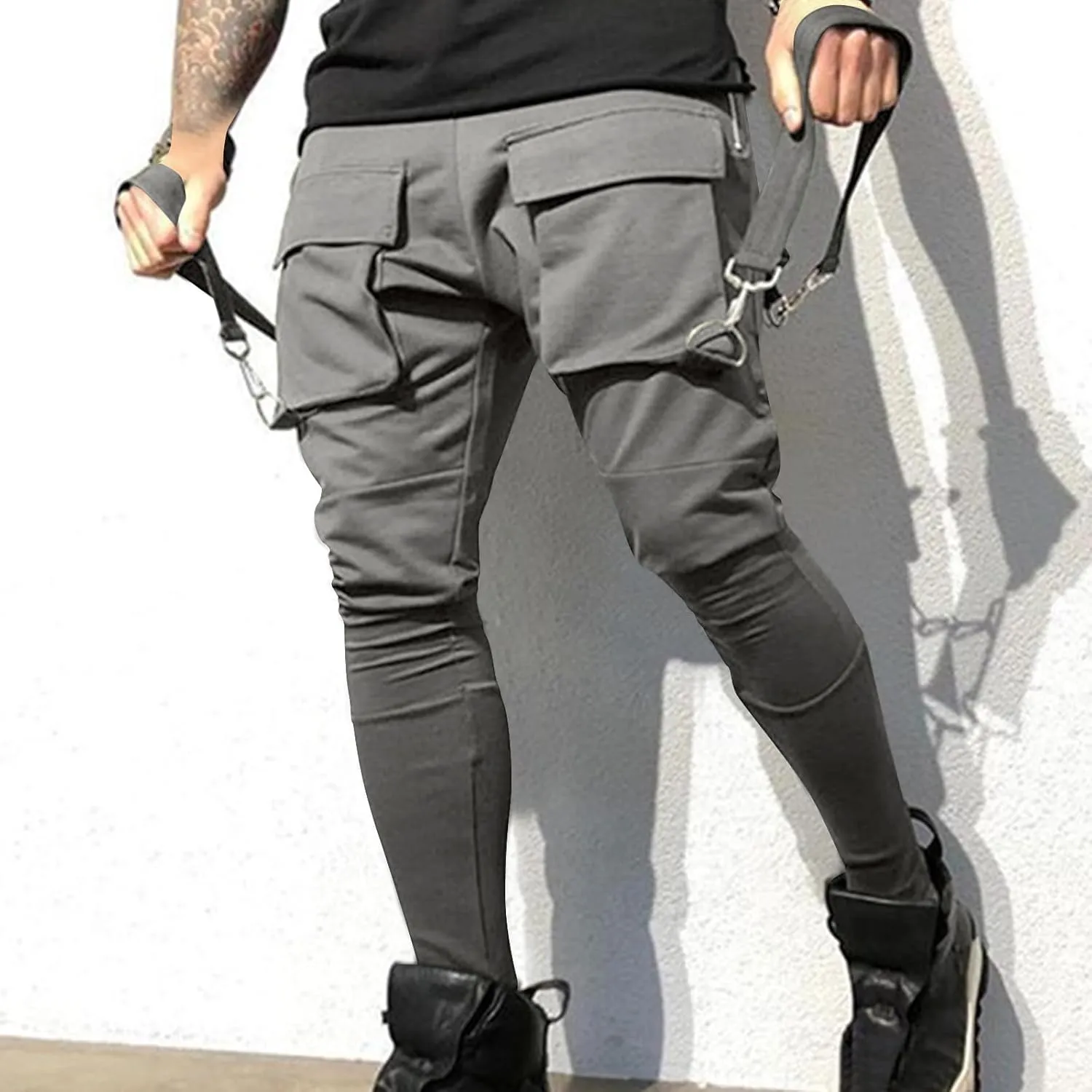 Men's Casual Cargo Pants Drawstring Stretch Elastic Waist Tapered Pants Slim Fit Sport Pants with Multi Pockets