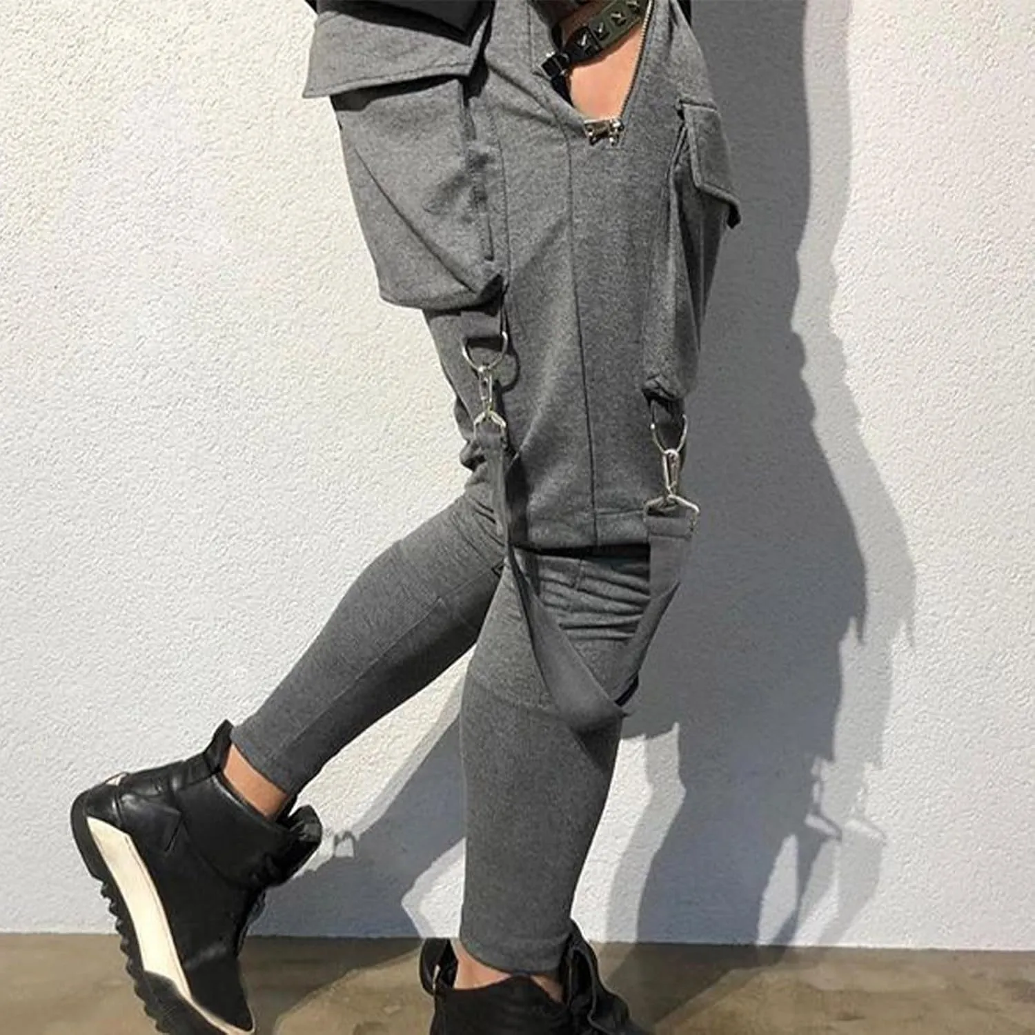 Men's Casual Cargo Pants Drawstring Stretch Elastic Waist Tapered Pants Slim Fit Sport Pants with Multi Pockets
