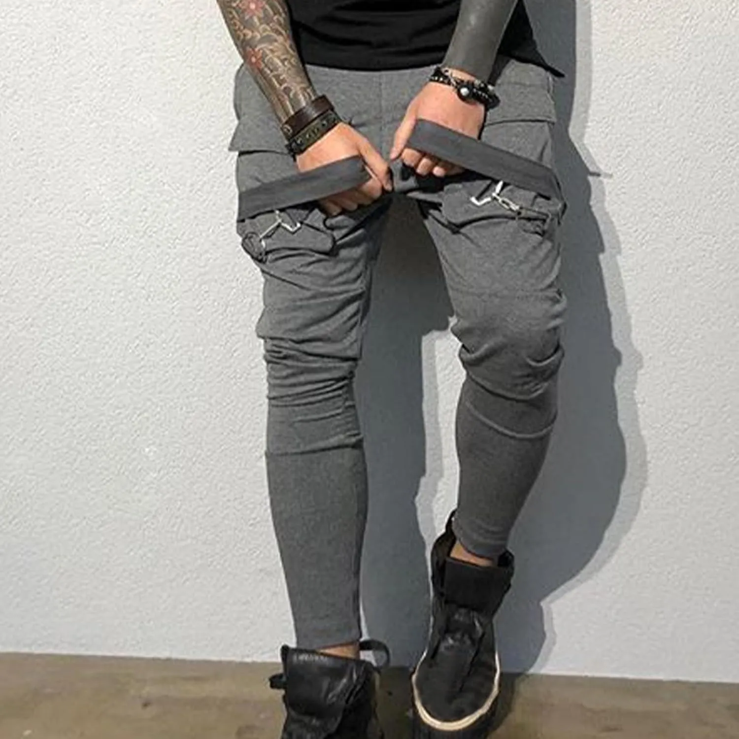 Men's Casual Cargo Pants Drawstring Stretch Elastic Waist Tapered Pants Slim Fit Sport Pants with Multi Pockets