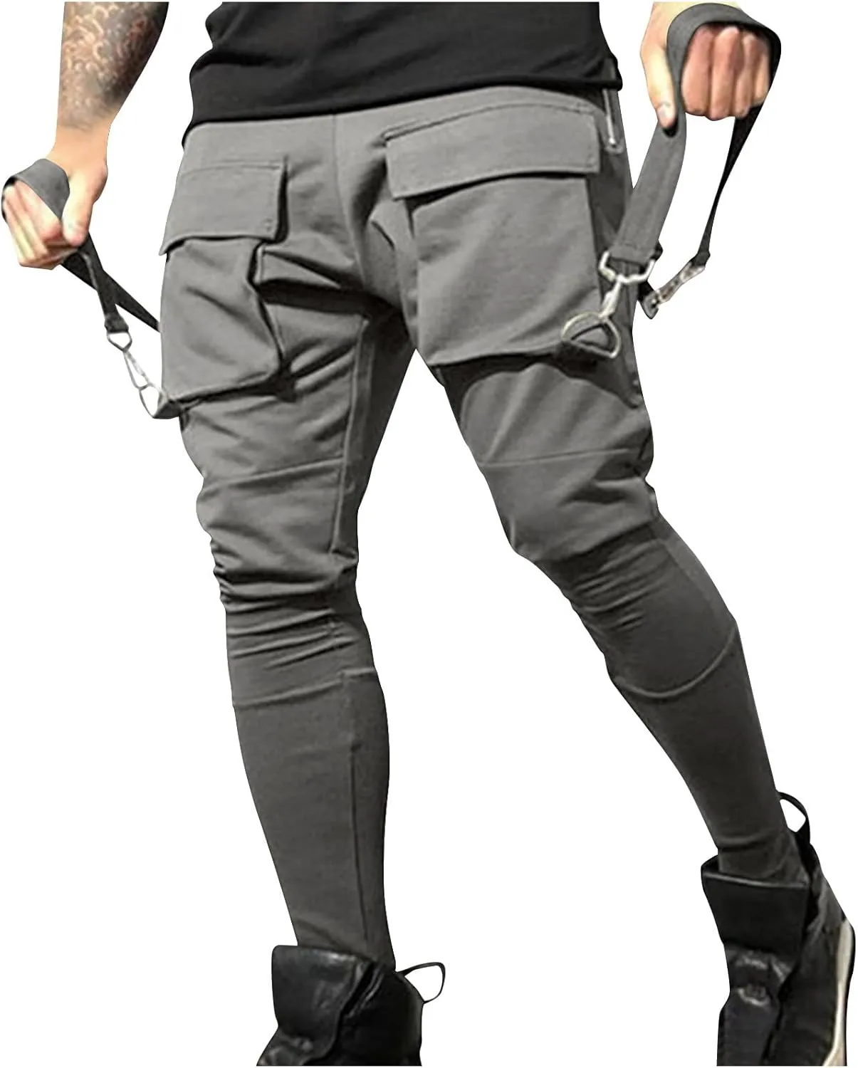 Men's Casual Cargo Pants Drawstring Stretch Elastic Waist Tapered Pants Slim Fit Sport Pants with Multi Pockets