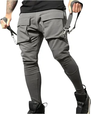 Men's Casual Cargo Pants Drawstring Stretch Elastic Waist Tapered Pants Slim Fit Sport Pants with Multi Pockets