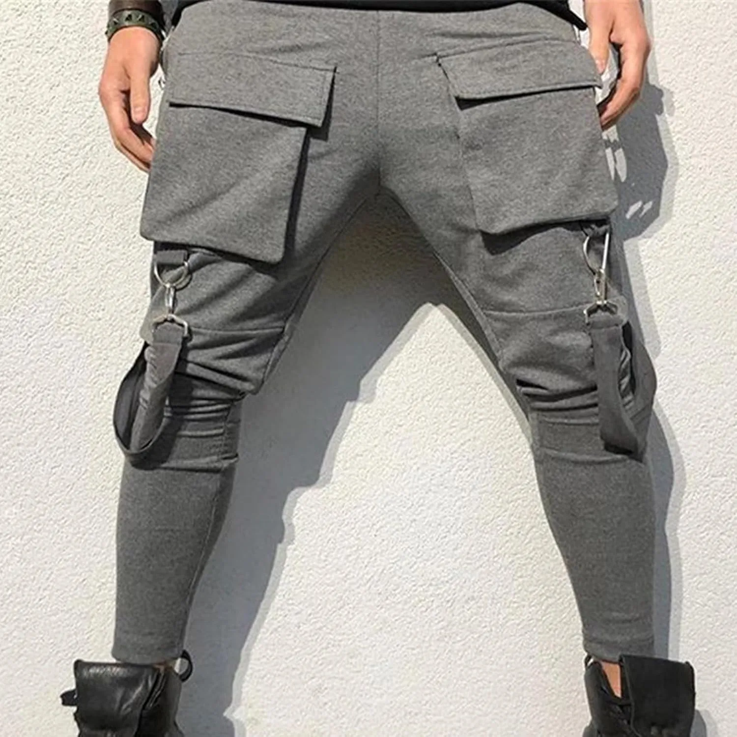 Men's Casual Cargo Pants Drawstring Stretch Elastic Waist Tapered Pants Slim Fit Sport Pants with Multi Pockets