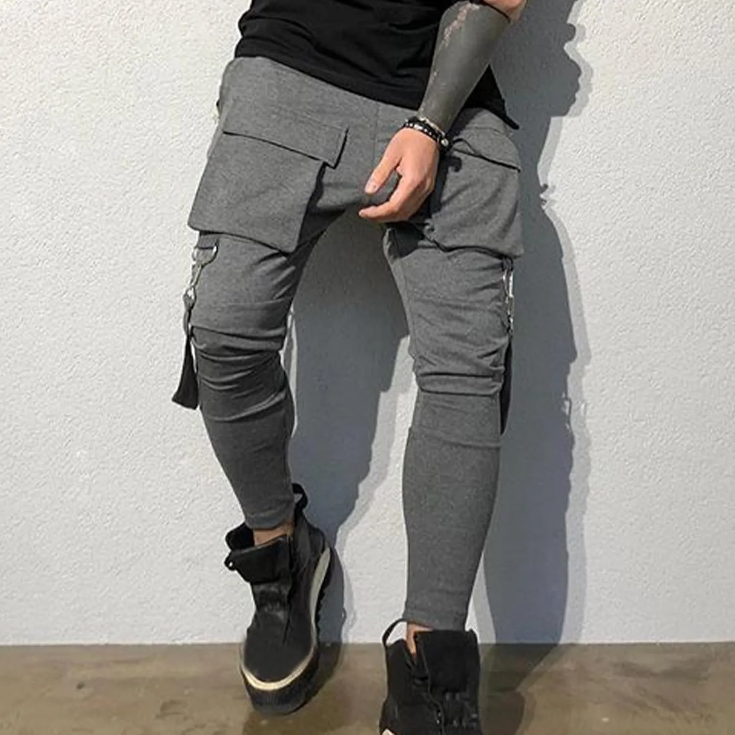 Men's Casual Cargo Pants Drawstring Stretch Elastic Waist Tapered Pants Slim Fit Sport Pants with Multi Pockets