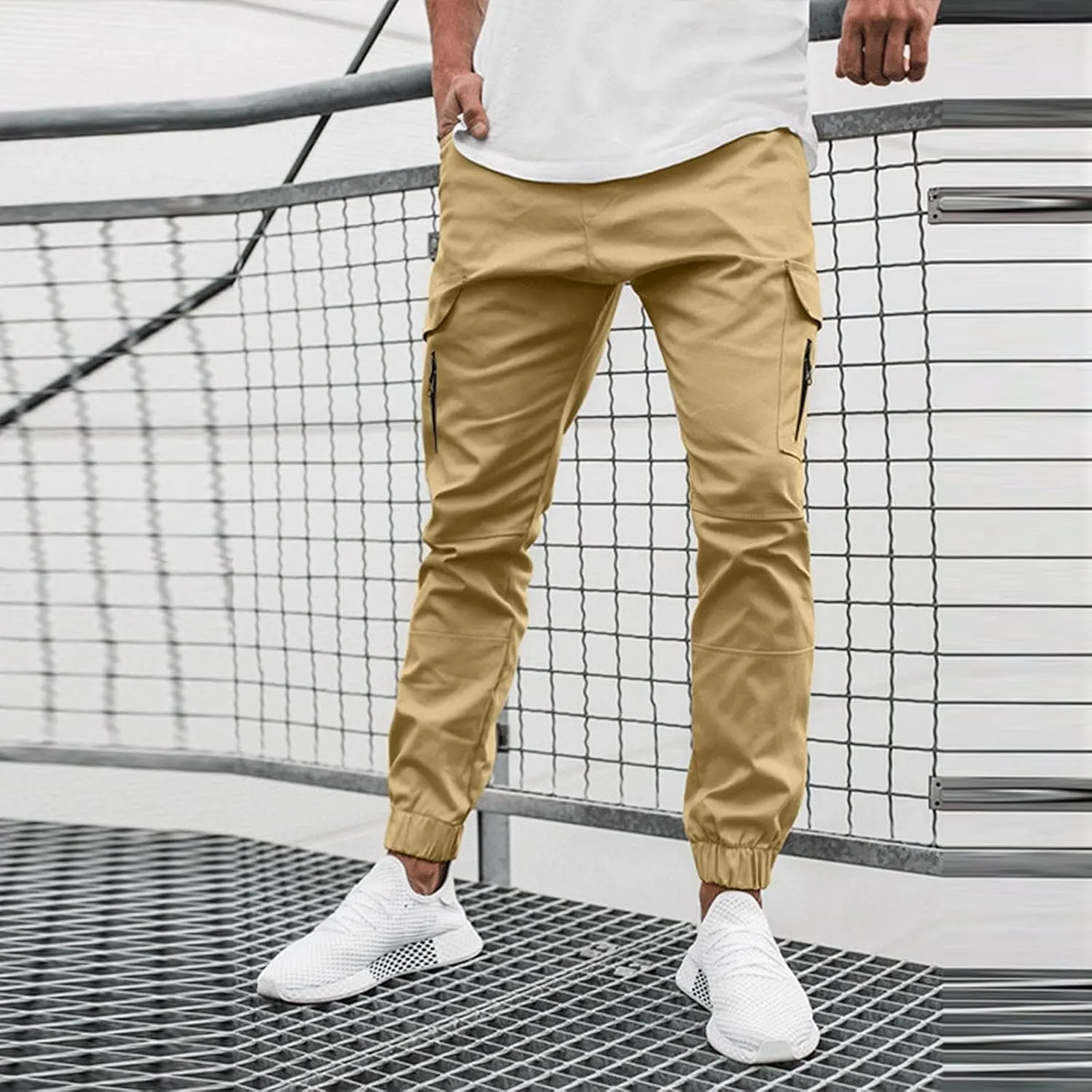 Men's Casual Cargo Sweatpants Side Zipper Pockets Pants Slim Fit Outdoor Pants Solid Color Lightweight Trouser Comfy