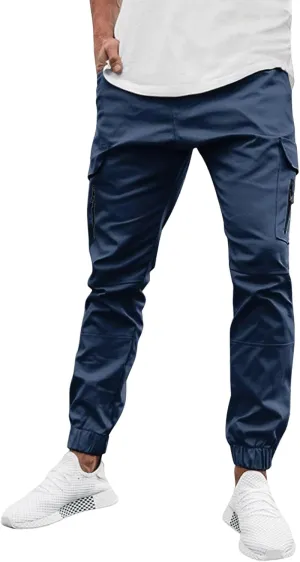Men's Casual Cargo Sweatpants Side Zipper Pockets Pants Slim Fit Outdoor Pants Solid Color Lightweight Trouser Comfy