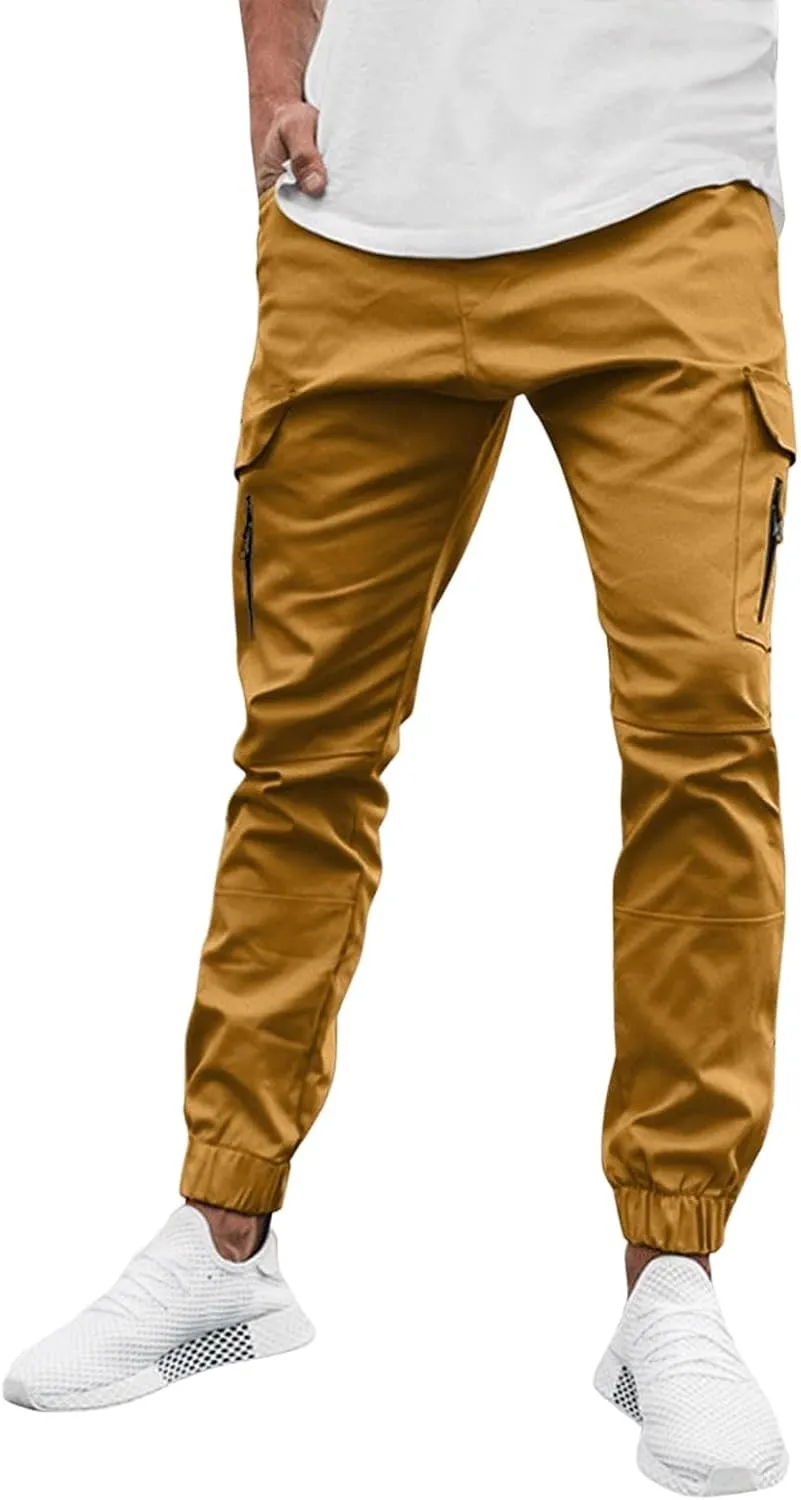 Men's Casual Cargo Sweatpants Side Zipper Pockets Pants Slim Fit Outdoor Pants Solid Color Lightweight Trouser Comfy