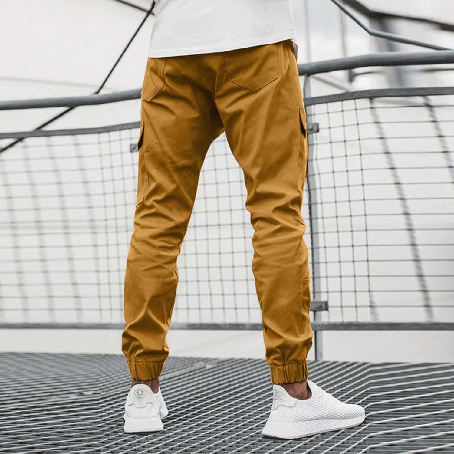 Men's Casual Cargo Sweatpants Side Zipper Pockets Pants Slim Fit Outdoor Pants Solid Color Lightweight Trouser Comfy