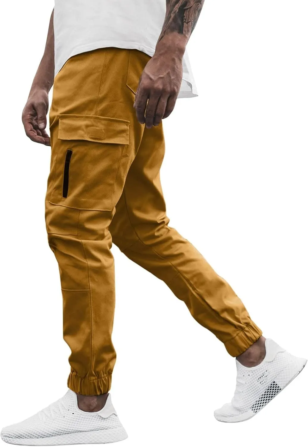 Men's Casual Cargo Sweatpants Side Zipper Pockets Pants Slim Fit Outdoor Pants Solid Color Lightweight Trouser Comfy