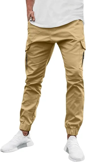 Men's Casual Cargo Sweatpants Side Zipper Pockets Pants Slim Fit Outdoor Pants Solid Color Lightweight Trouser Comfy