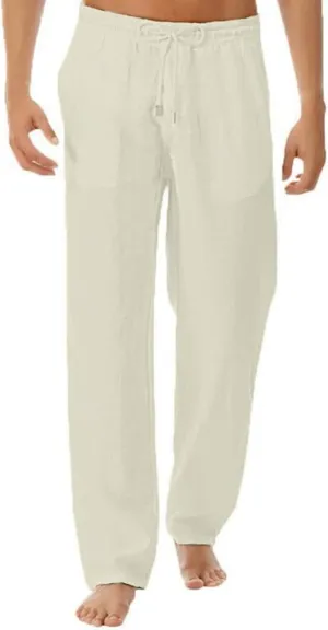 Mens Casual Linen Pants Lightweight Drawstring Wide Straight Leg Pant Athletic Gym Joggers Summer Beach Trouser