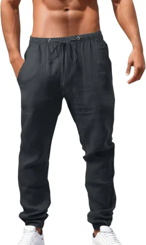 Mens Casual Linen Pants Straight-Leg Lightweight Joggers Loose Fit Pants Summer Hiking Hunting Beach Trousers