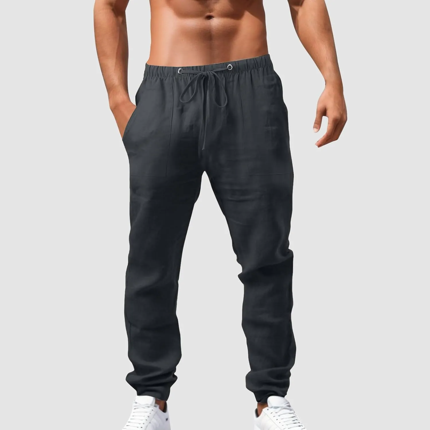 Mens Casual Linen Pants Straight-Leg Lightweight Joggers Loose Fit Pants Summer Hiking Hunting Beach Trousers