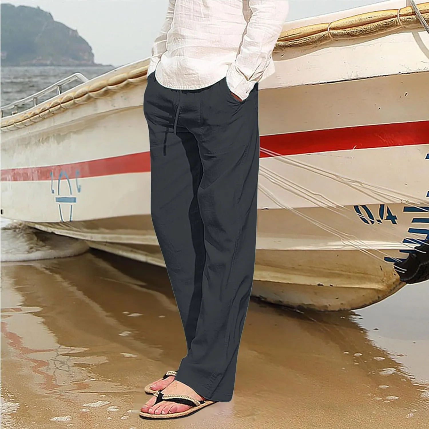 Mens Casual Linen Pants Straight-Leg Lightweight Joggers Loose Fit Pants Summer Hiking Hunting Beach Trousers