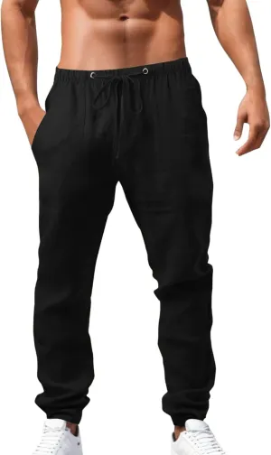 Mens Casual Linen Pants Straight-Leg Lightweight Joggers Loose Fit Pants Summer Hiking Hunting Beach Trousers