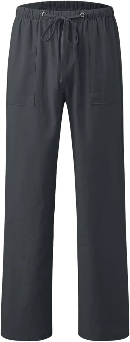 Mens Casual Linen Pants Straight-Leg Lightweight Joggers Loose Fit Pants Summer Hiking Hunting Beach Trousers