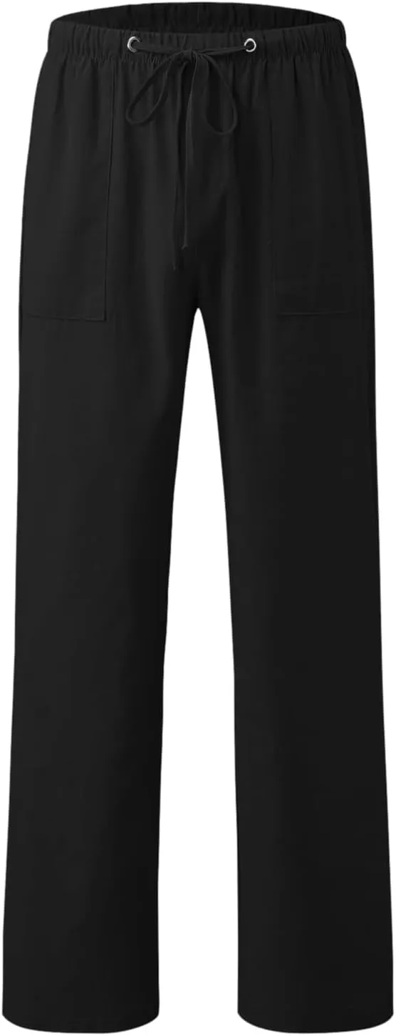 Mens Casual Linen Pants Straight-Leg Lightweight Joggers Loose Fit Pants Summer Hiking Hunting Beach Trousers