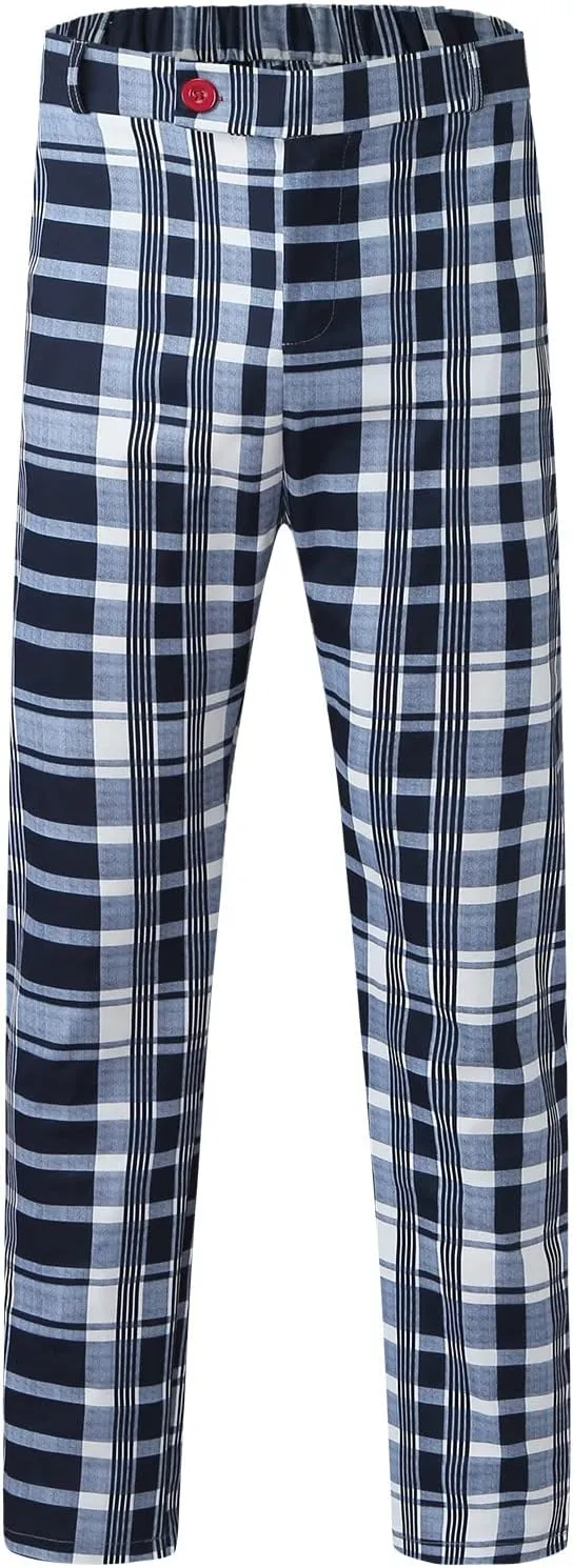 Men's Casual Slim Fit Dress Pants Chinos Plaid Striped Printed Flat-Front Skinny Business Stretch Pencil Pants Pockets