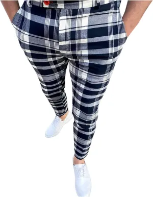 Men's Casual Slim Fit Dress Pants Chinos Plaid Striped Printed Flat-Front Skinny Business Stretch Pencil Pants Pockets