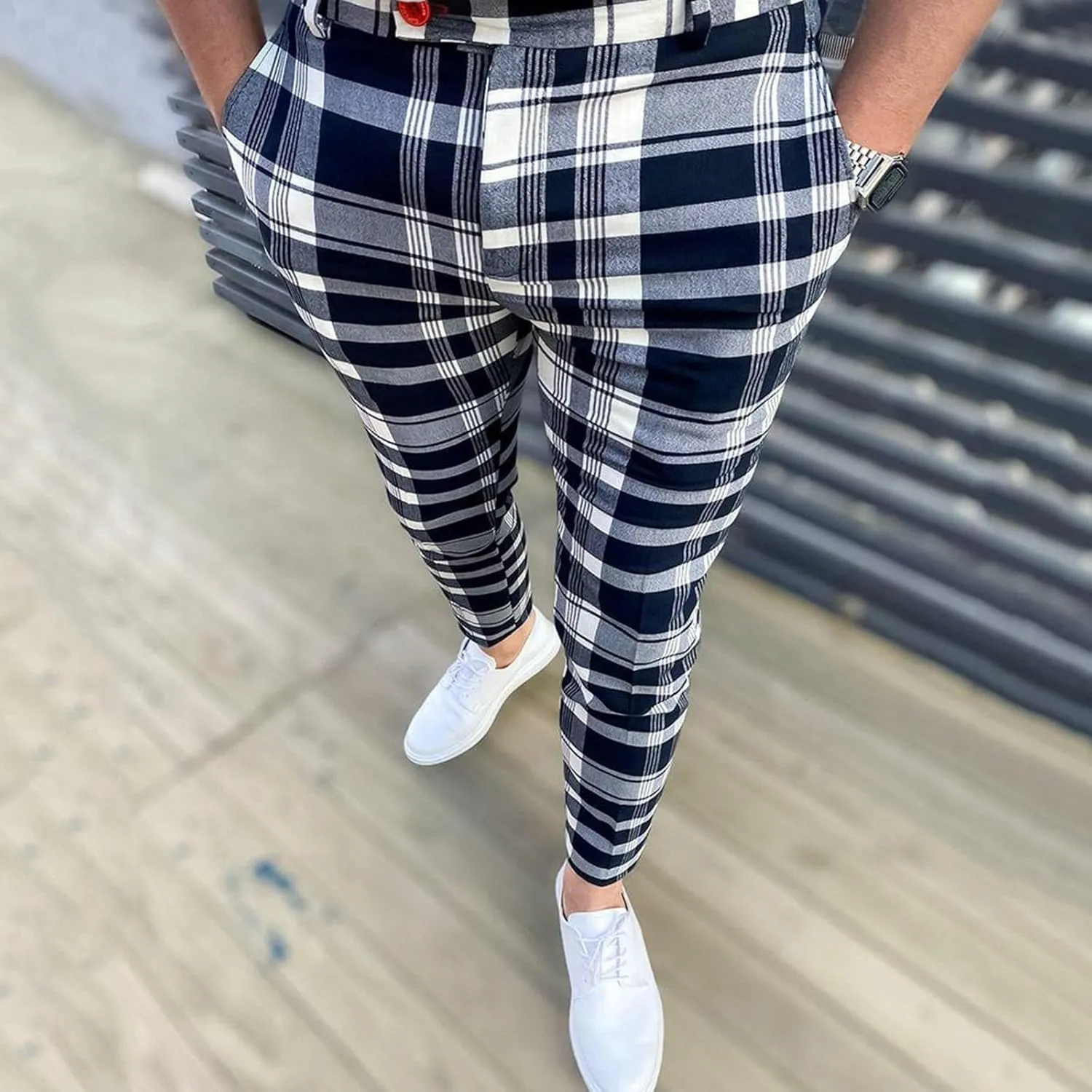 Men's Casual Slim Fit Dress Pants Chinos Plaid Striped Printed Flat-Front Skinny Business Stretch Pencil Pants Pockets