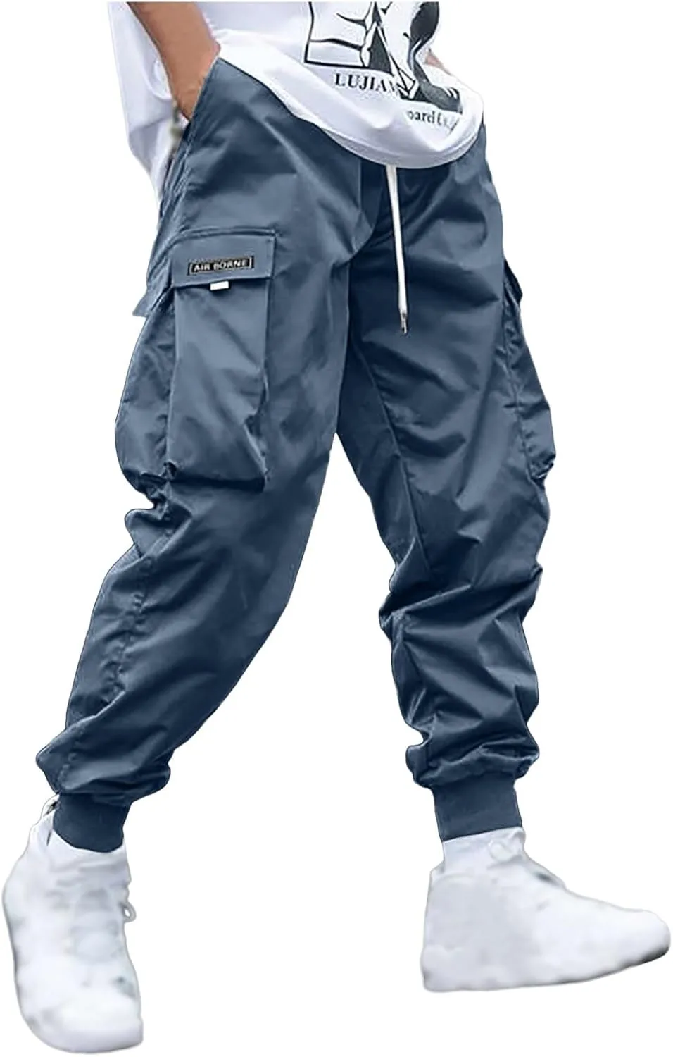 Men's Causal Cargo Pants Solid Color Multi Pockets Straight Trousers Loose Fit Hiking Joggers Hip Hop Streetwear